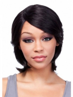 Capless Medium Human Hair Wig With Bangs