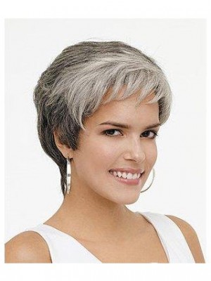 Synthetic Rounded Fringe Wavy  Gray Wig