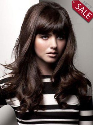 Long Human Hair Wavy Capless Wig With Bangs