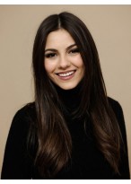 Long Black Human Hair Wig With Middle Bangs 