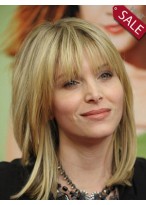 Medium Length Human Hair With Bangs Wig 