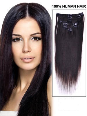 16" Long Straight Human Hair Extension With Clips