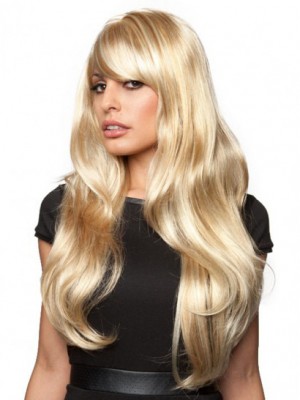 Capless Blonde Wavy Long Wig With Bangs