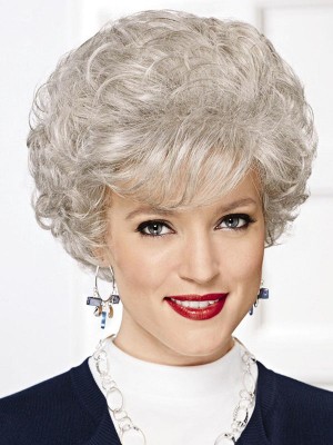 Elegant Gray Wig With Wispy Waves And Curls